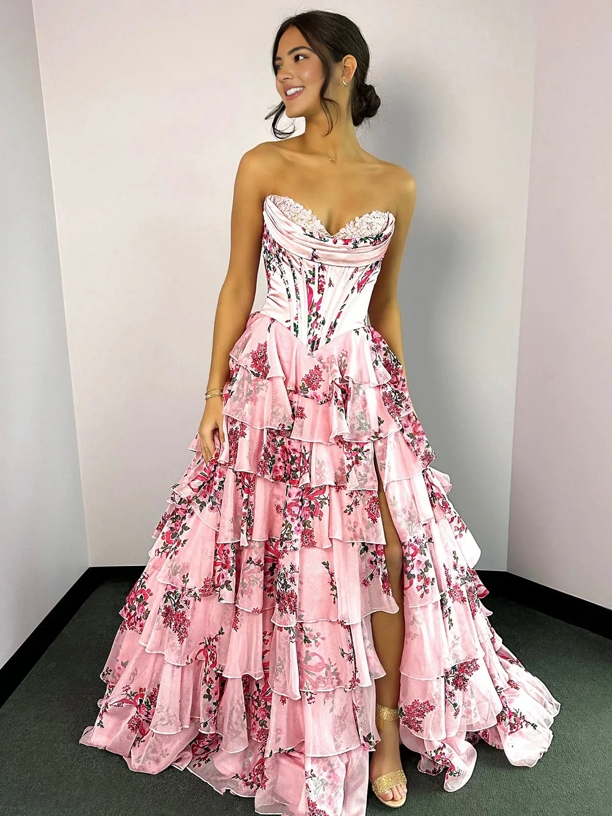 Haruko | A-Line Blush Strapless Chiffon Floral Ruffled Prom Dress With Slit