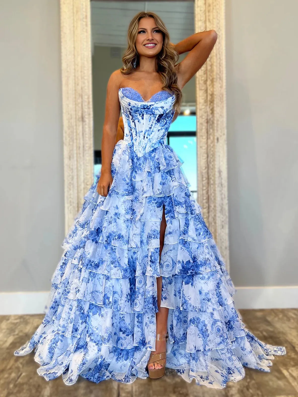 Haruko | A-Line Blush Strapless Chiffon Floral Ruffled Prom Dress With Slit