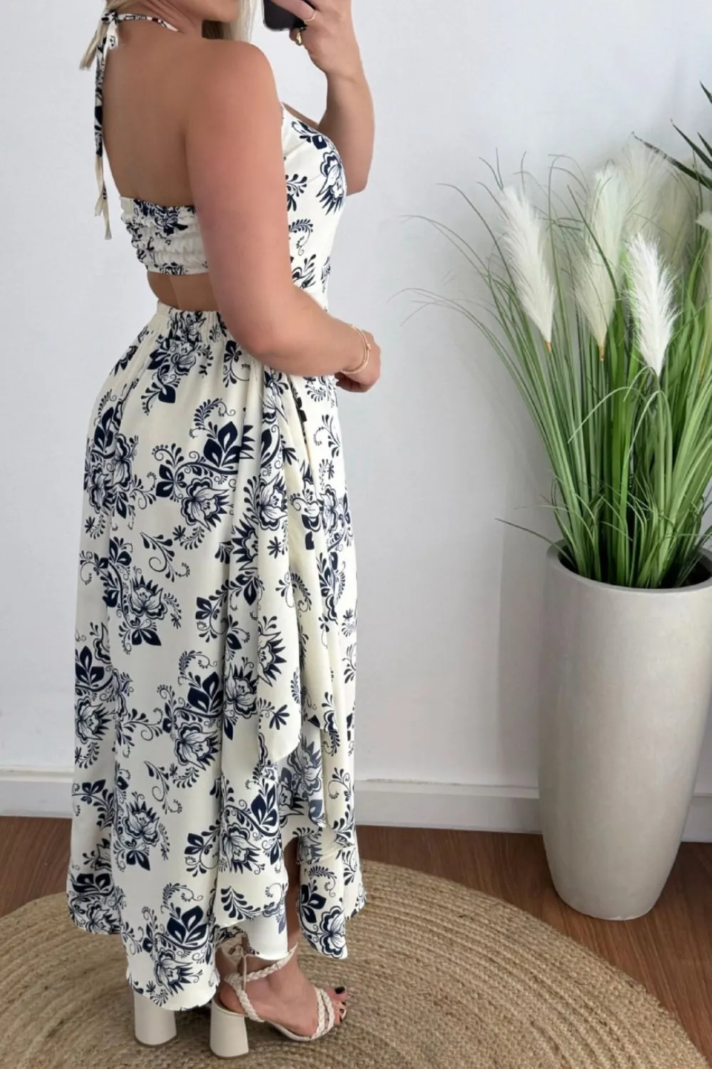 Hazel Blues® |  Smocked Printed Halter Neck Dress
