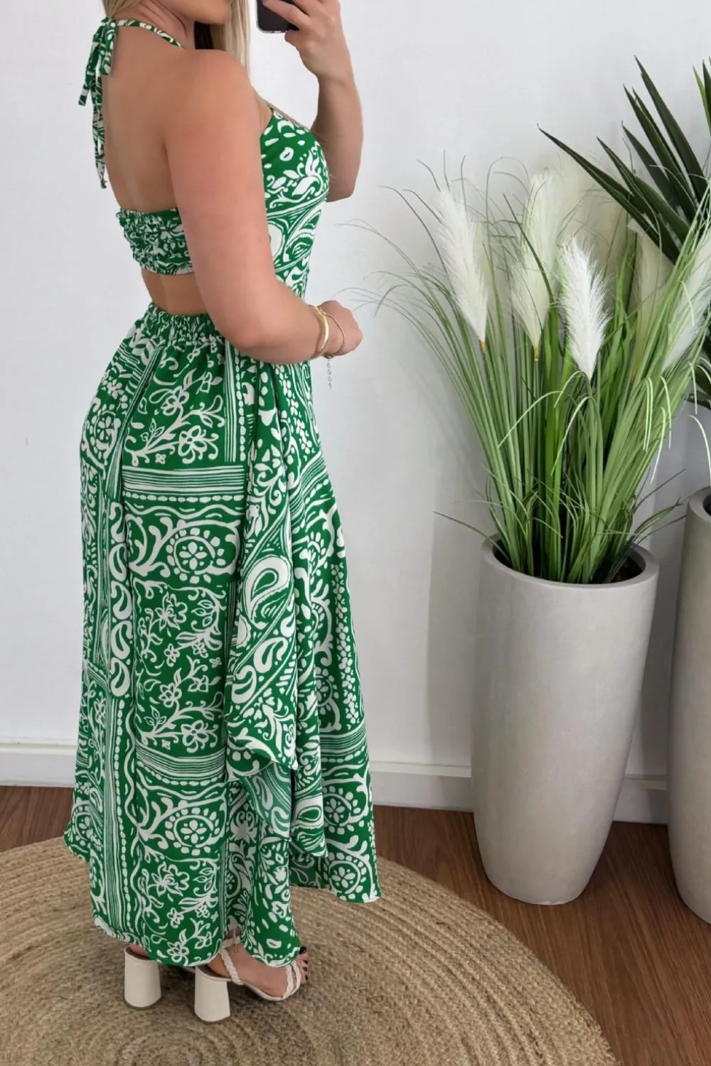 Hazel Blues® |  Smocked Printed Halter Neck Dress