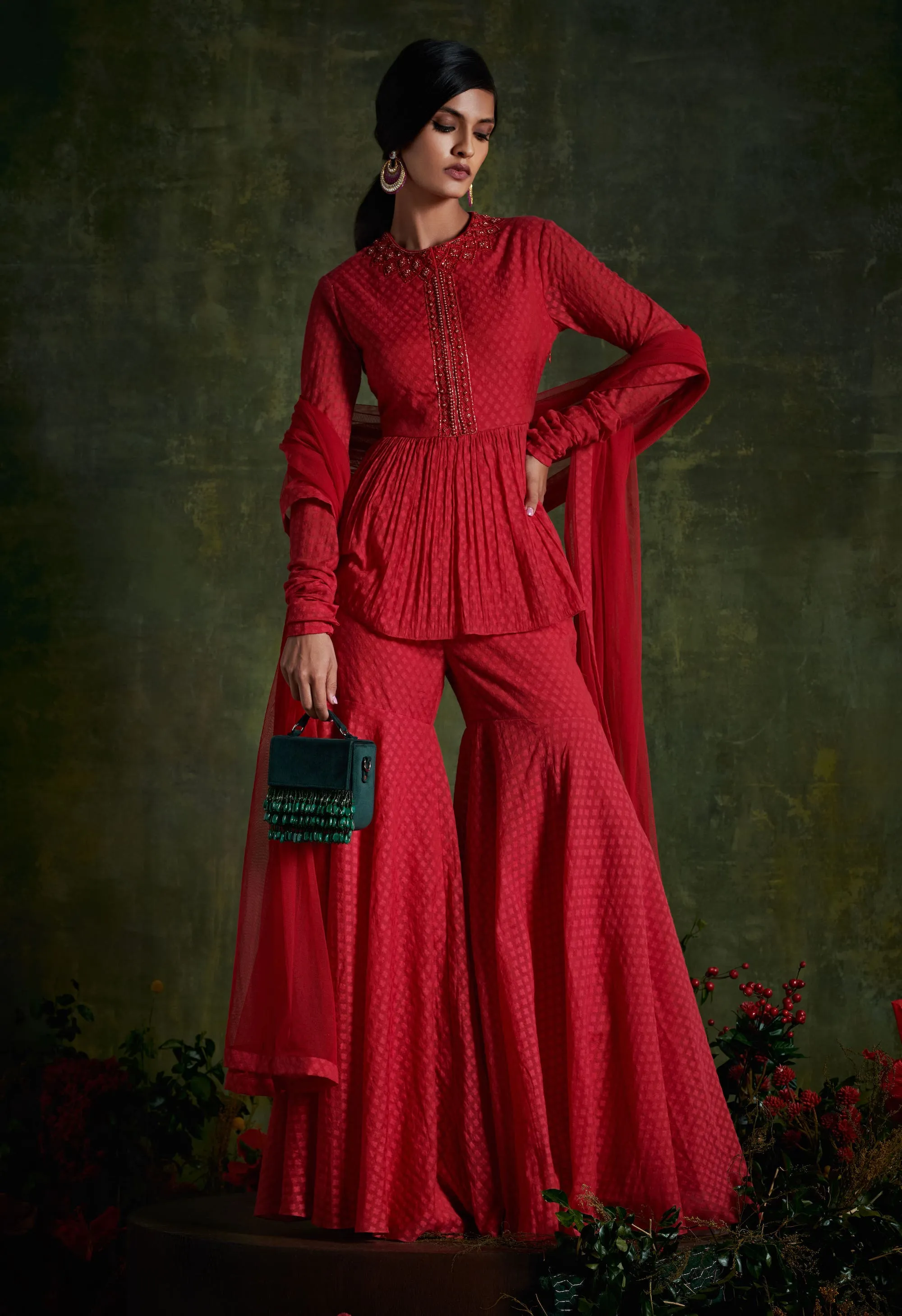 Hibiscus Red Embroidered Gharara Set