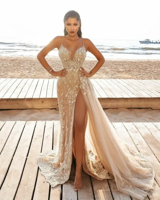 High Split Champagne Mermaid Prom Dresses Evening Gowns