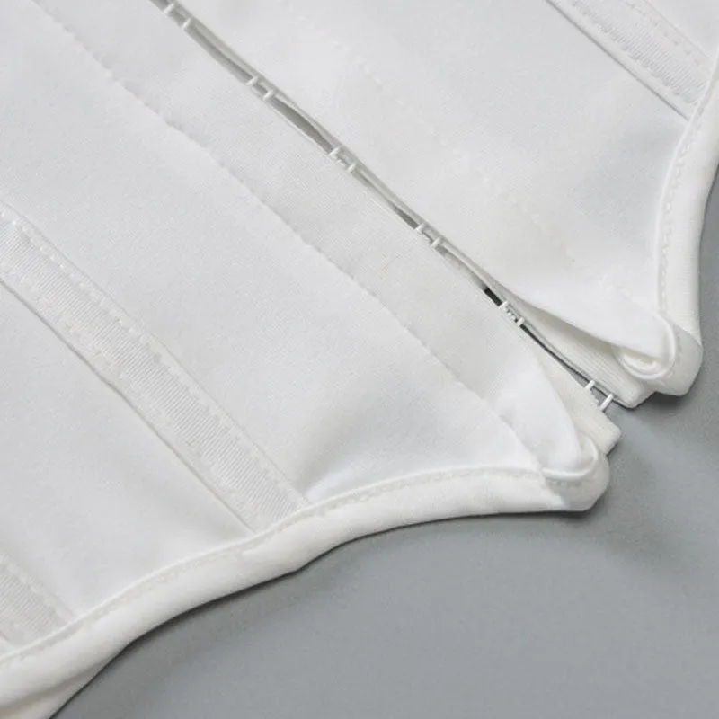 Hook And Eye Detail Curved Hem Lace Up Backless Halter Crop Top - White