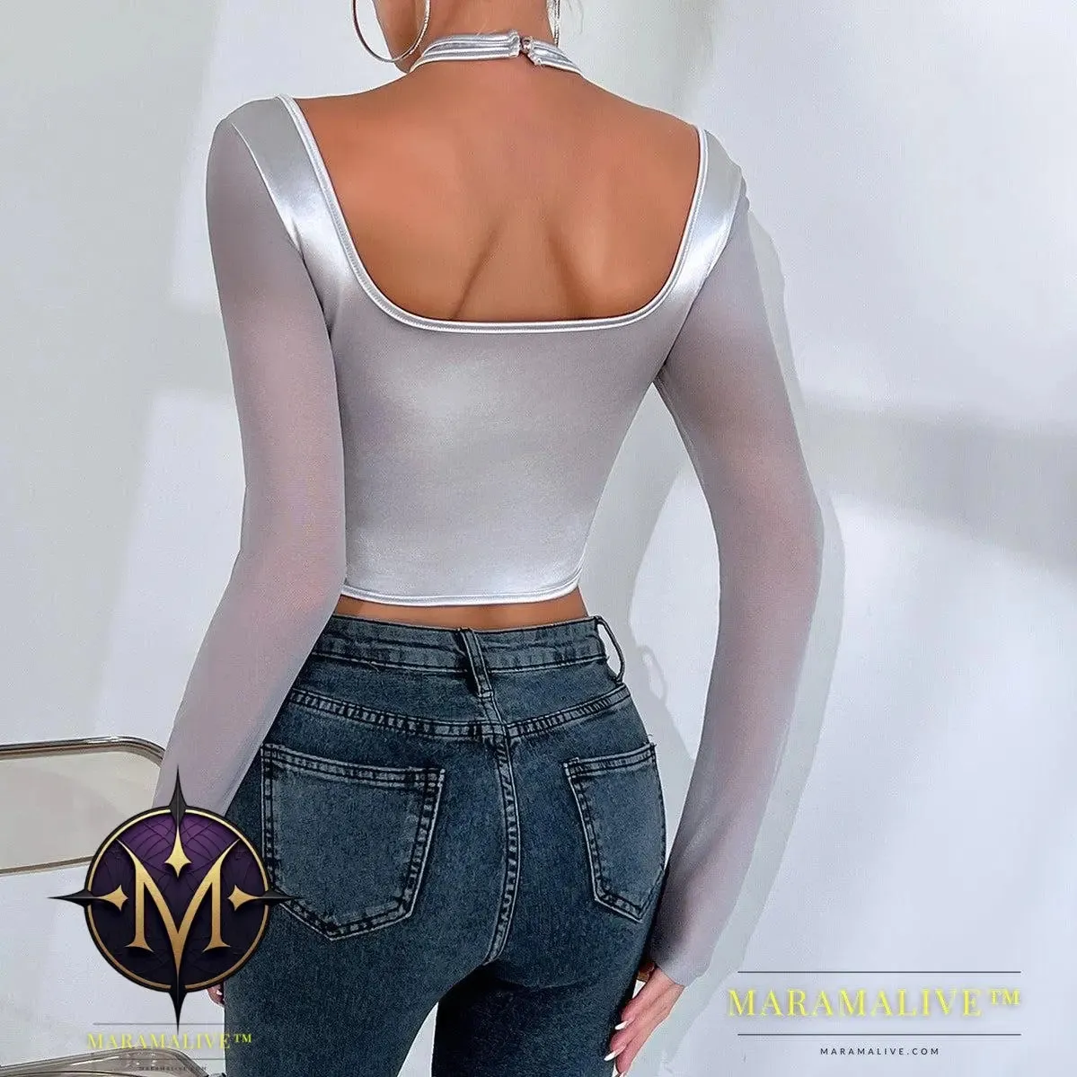 Hot Girl Low-cut Sexy See-through Mesh Patchwork Halter Top Female