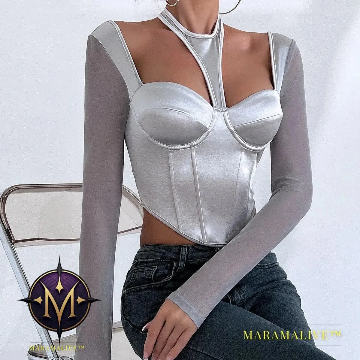 Hot Girl Low-cut Sexy See-through Mesh Patchwork Halter Top Female