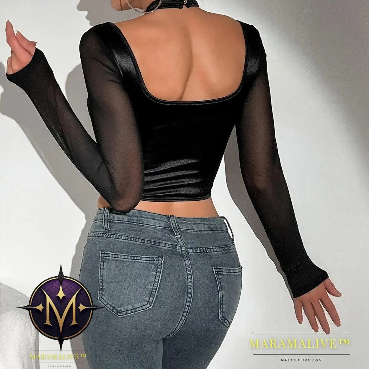 Hot Girl Low-cut Sexy See-through Mesh Patchwork Halter Top Female