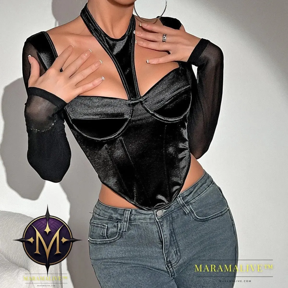 Hot Girl Low-cut Sexy See-through Mesh Patchwork Halter Top Female