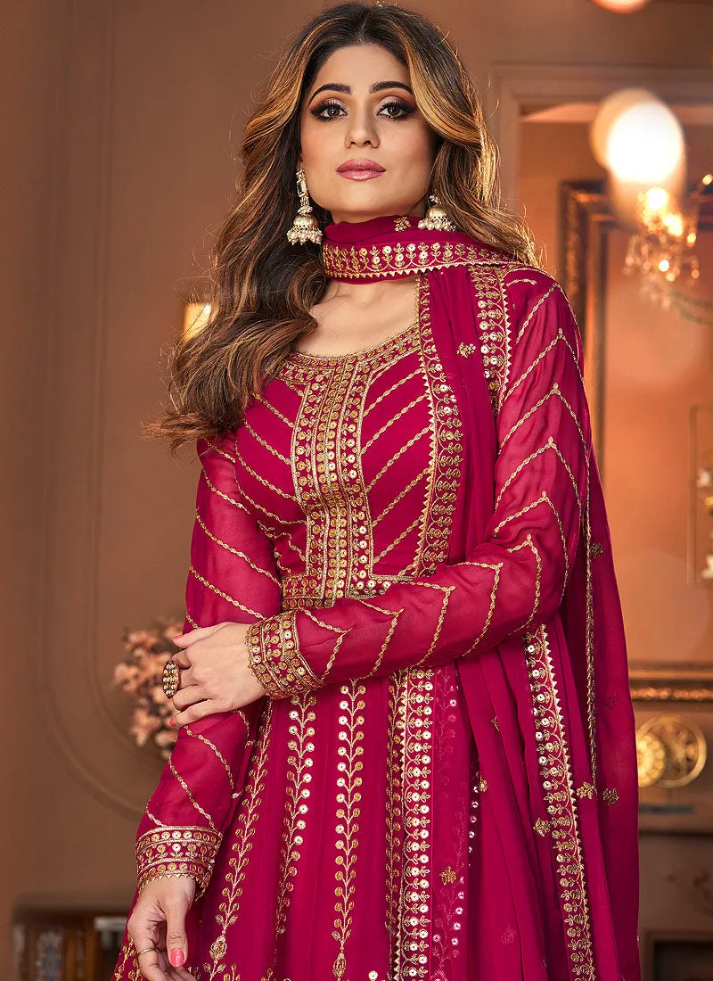 Hot Pink Embroidered Peplum Top and Lehenga