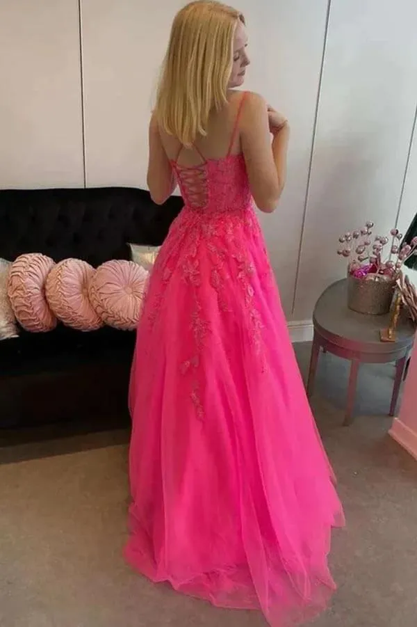 Hot Pink Tulle A-line Scoop Spaghetti Straps Prom Dresses With Appliques, MP850
