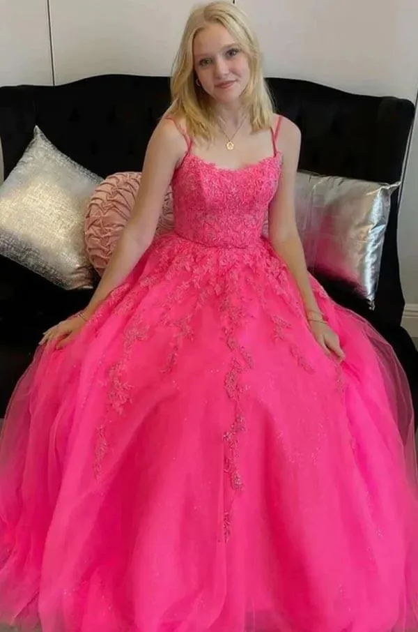 Hot Pink Tulle A-line Scoop Spaghetti Straps Prom Dresses With Appliques, MP850