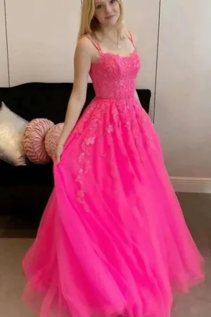 Hot Pink Tulle A-line Scoop Spaghetti Straps Prom Dresses With Appliques, MP850
