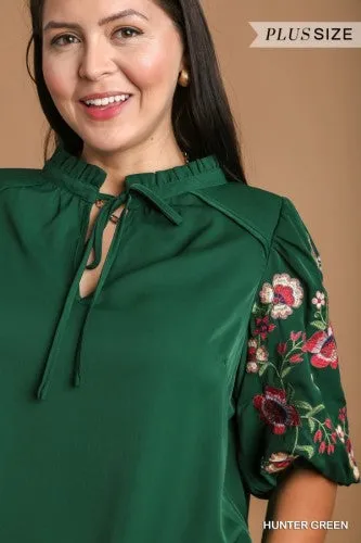 Hunter Green Embroidered Puff Sleeve Top
