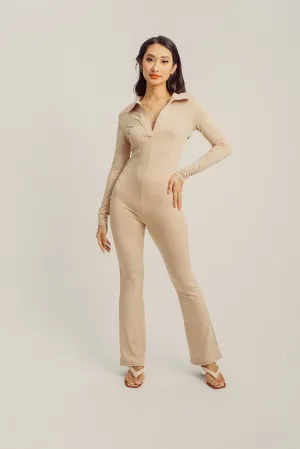 Hyeri Beige V Neck Collar Long Sleeves Bodyfit Jumpsuit