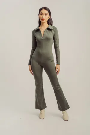 Hyeri Green V Neck Collar Long Sleeves Bodyfit Jumpsuit