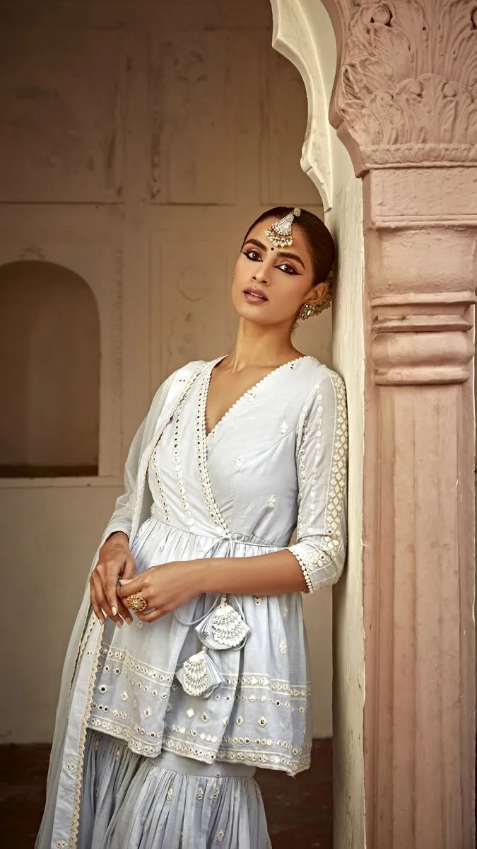Ice blue all three peplum sharara set