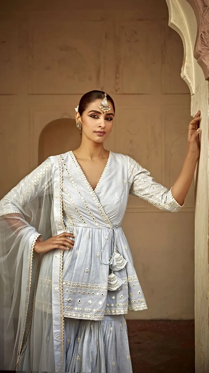 Ice blue all three peplum sharara set