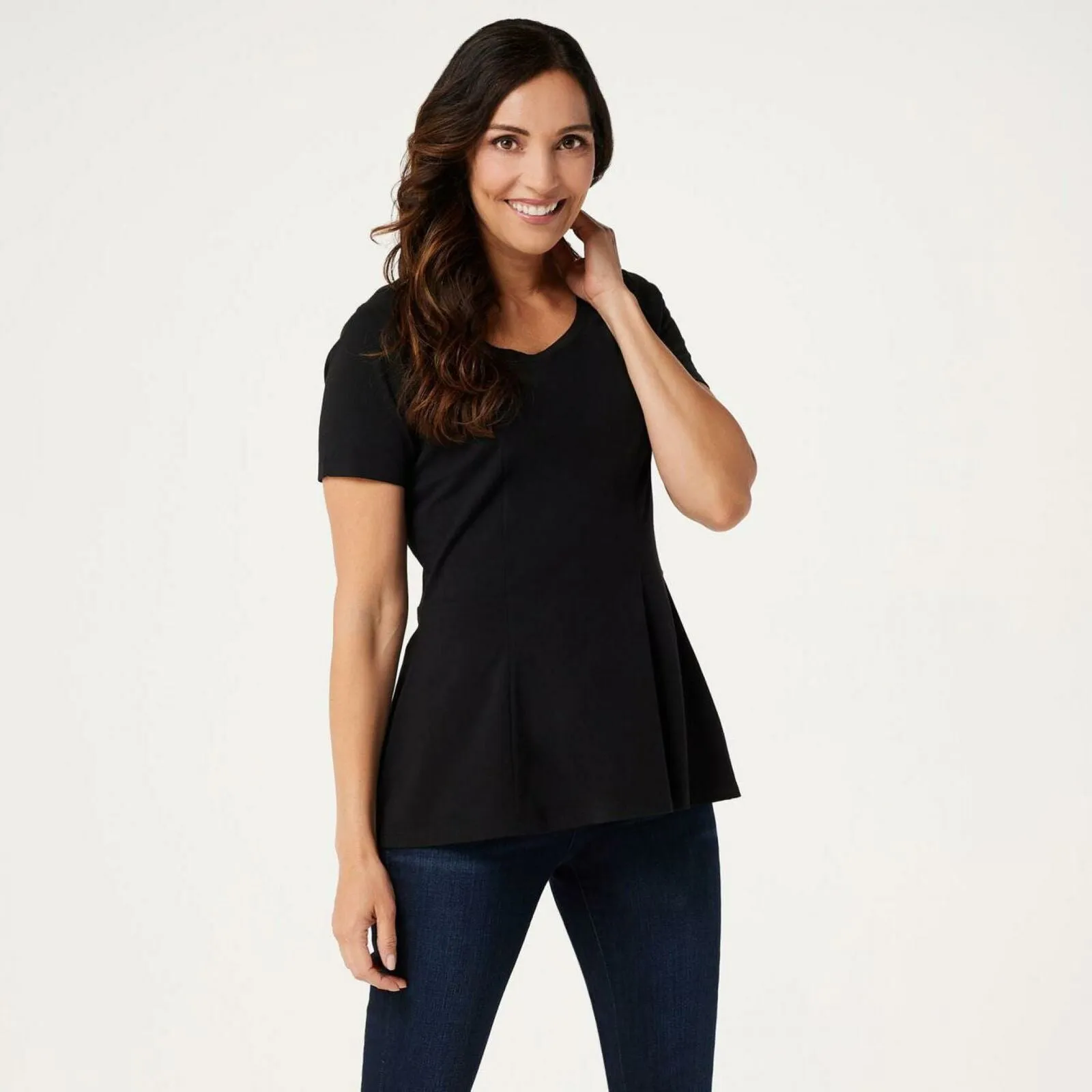 Isaac Mizrahi Live! Women's Short-Sleeve Seamed Peplum Knit Top Black XL