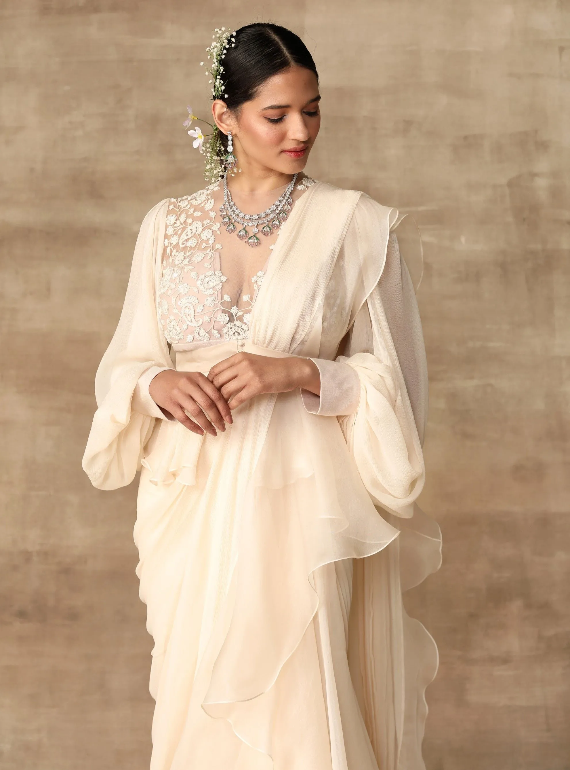 Ivory Peplum And Draped Ruffle Saree