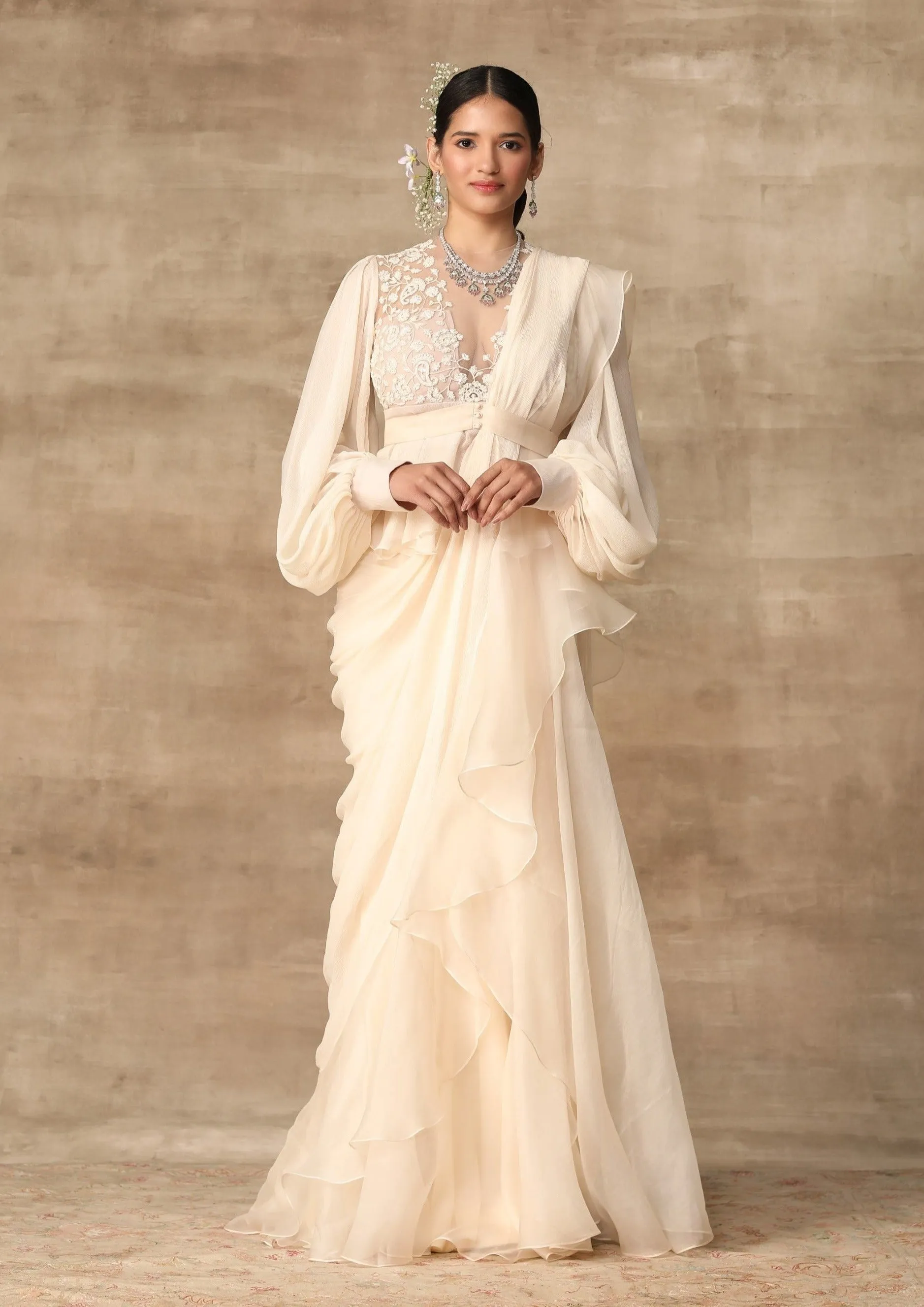 Ivory Peplum And Draped Ruffle Saree