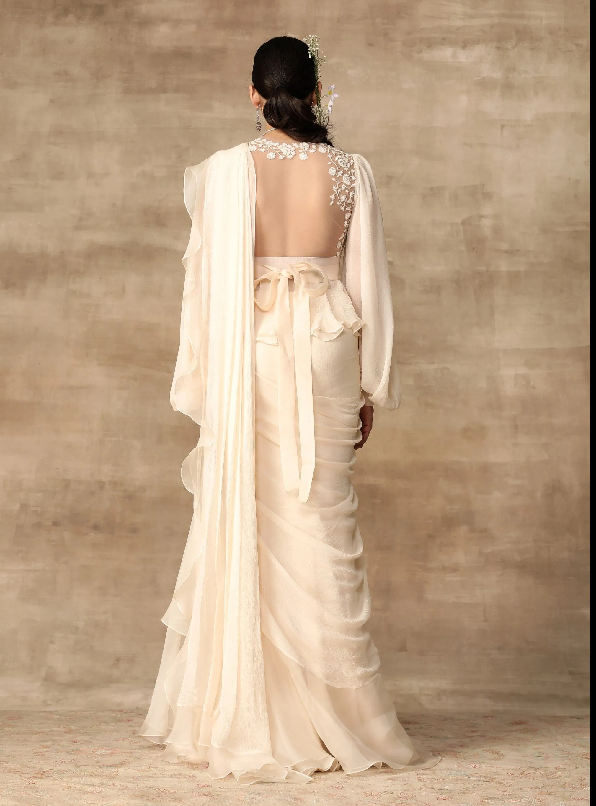 Ivory Peplum And Draped Ruffle Saree