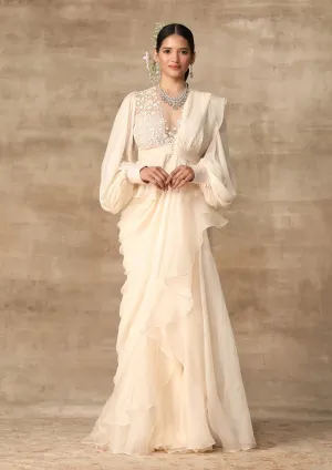 Ivory Peplum And Draped Ruffle Saree