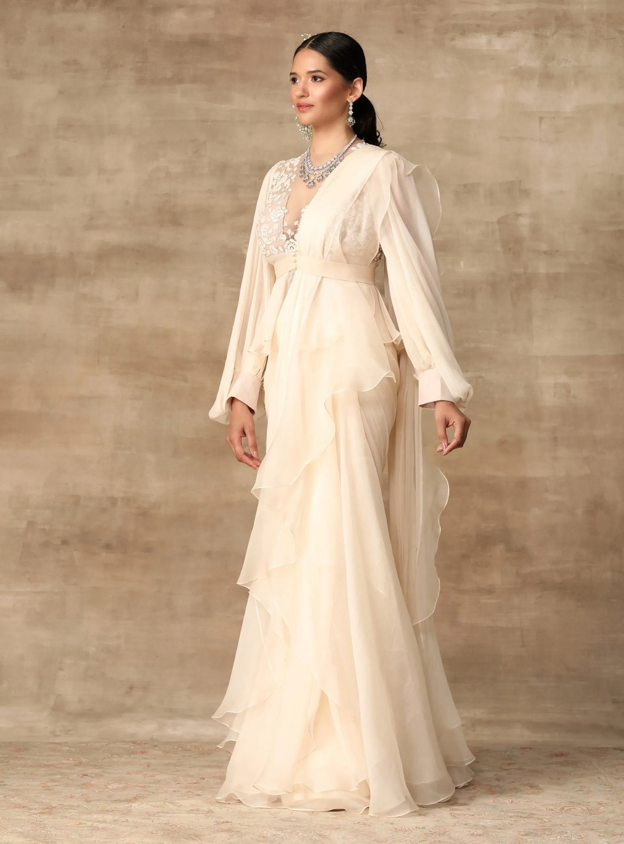 Ivory Peplum And Draped Ruffle Saree