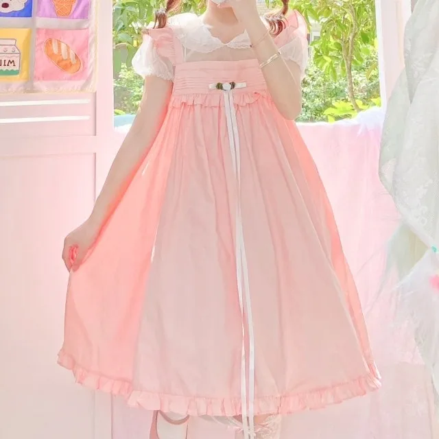 Japanese Soft Girl Pink Lace Midi Dress