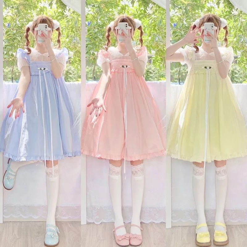Japanese Soft Girl Pink Lace Midi Dress
