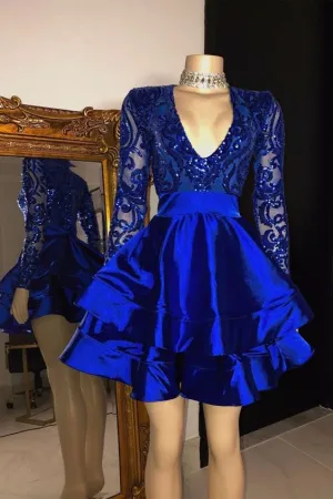 JazzHer Long Sleeves V-Neck Lace Prom Dress Sequins Blue Short Homecoming Dresses (PRE-ORDER)