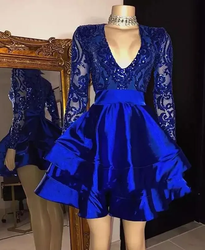 JazzHer Long Sleeves V-Neck Lace Prom Dress Sequins Blue Short Homecoming Dresses (PRE-ORDER)