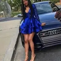 JazzHer Long Sleeves V-Neck Lace Prom Dress Sequins Blue Short Homecoming Dresses (PRE-ORDER)