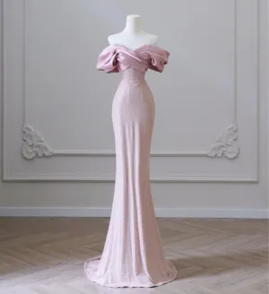 JazzHer Pretty Mermaid Off The Shoulder Sequin Long Evening Dress Pink Prom Dresses With Ruffles (PRE-ORDER)