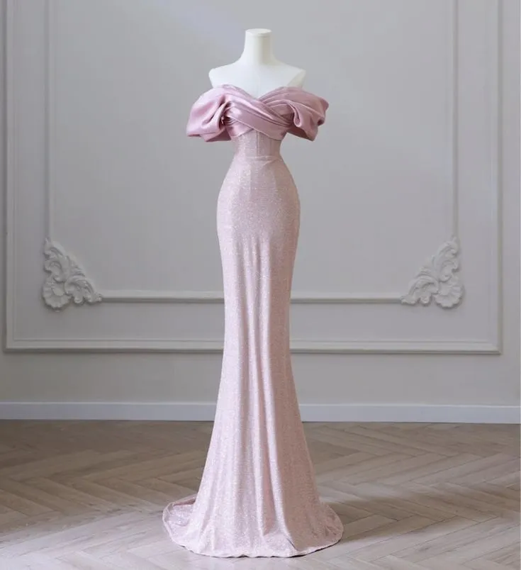 JazzHer Pretty Mermaid Off The Shoulder Sequin Long Evening Dress Pink Prom Dresses With Ruffles (PRE-ORDER)