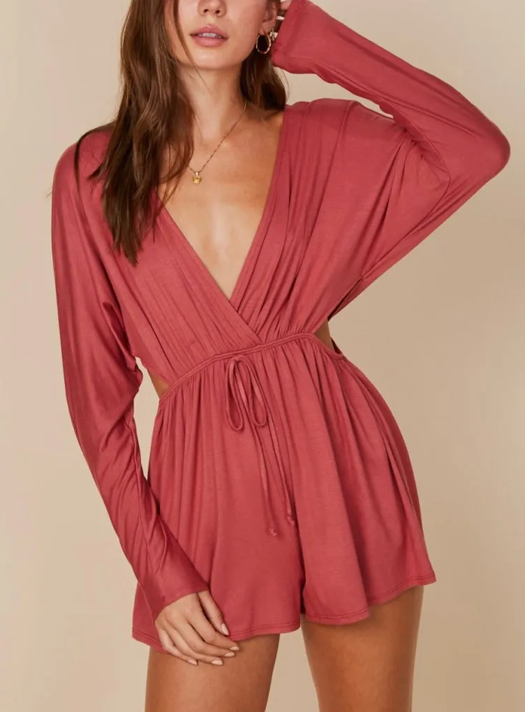 Jersey Faux Wrap Cut Out Side Long Sleeve Romper