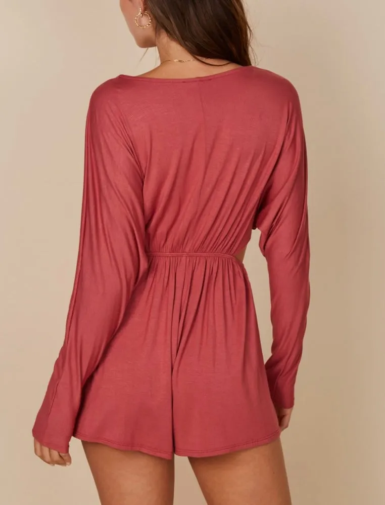 Jersey Faux Wrap Cut Out Side Long Sleeve Romper
