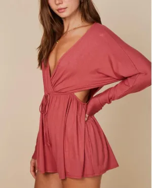 Jersey Faux Wrap Cut Out Side Long Sleeve Romper
