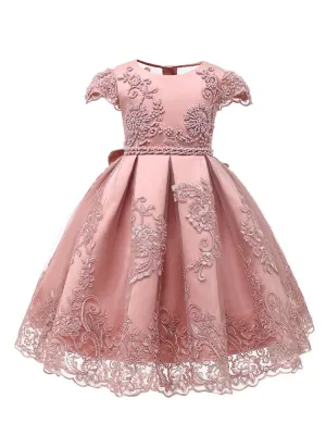 Jewel Neck Lace Short Sleeves Short Kids Social Party Princess Dresses
