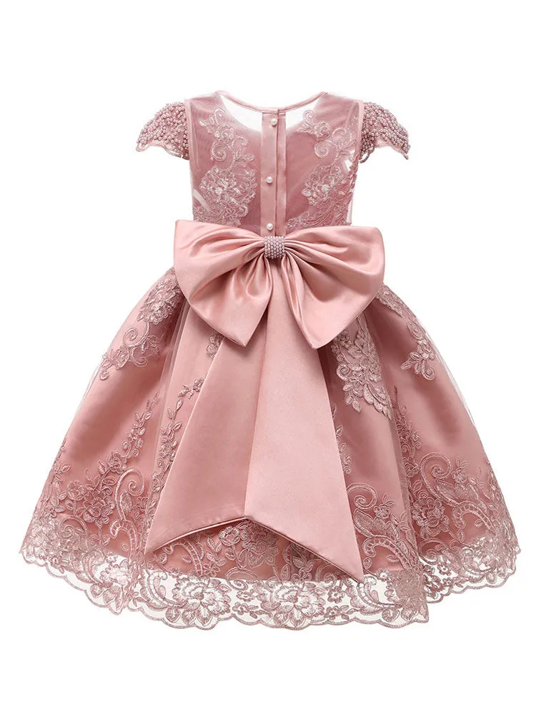 Jewel Neck Lace Short Sleeves Short Kids Social Party Princess Dresses