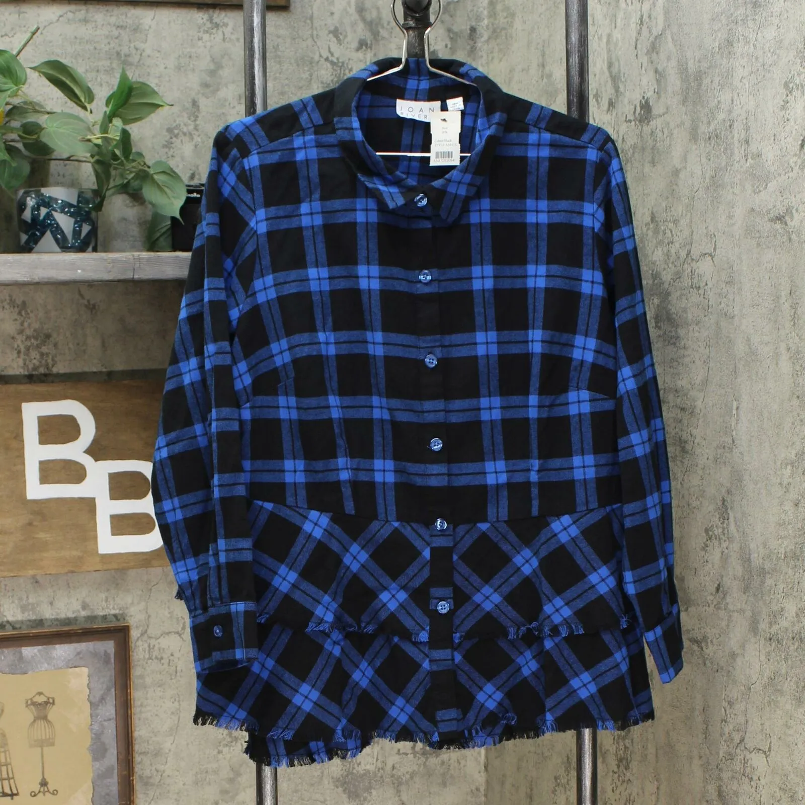 Joan Rivers Women's Plus Size Plaid Peplum Shirt with Fringe Hem