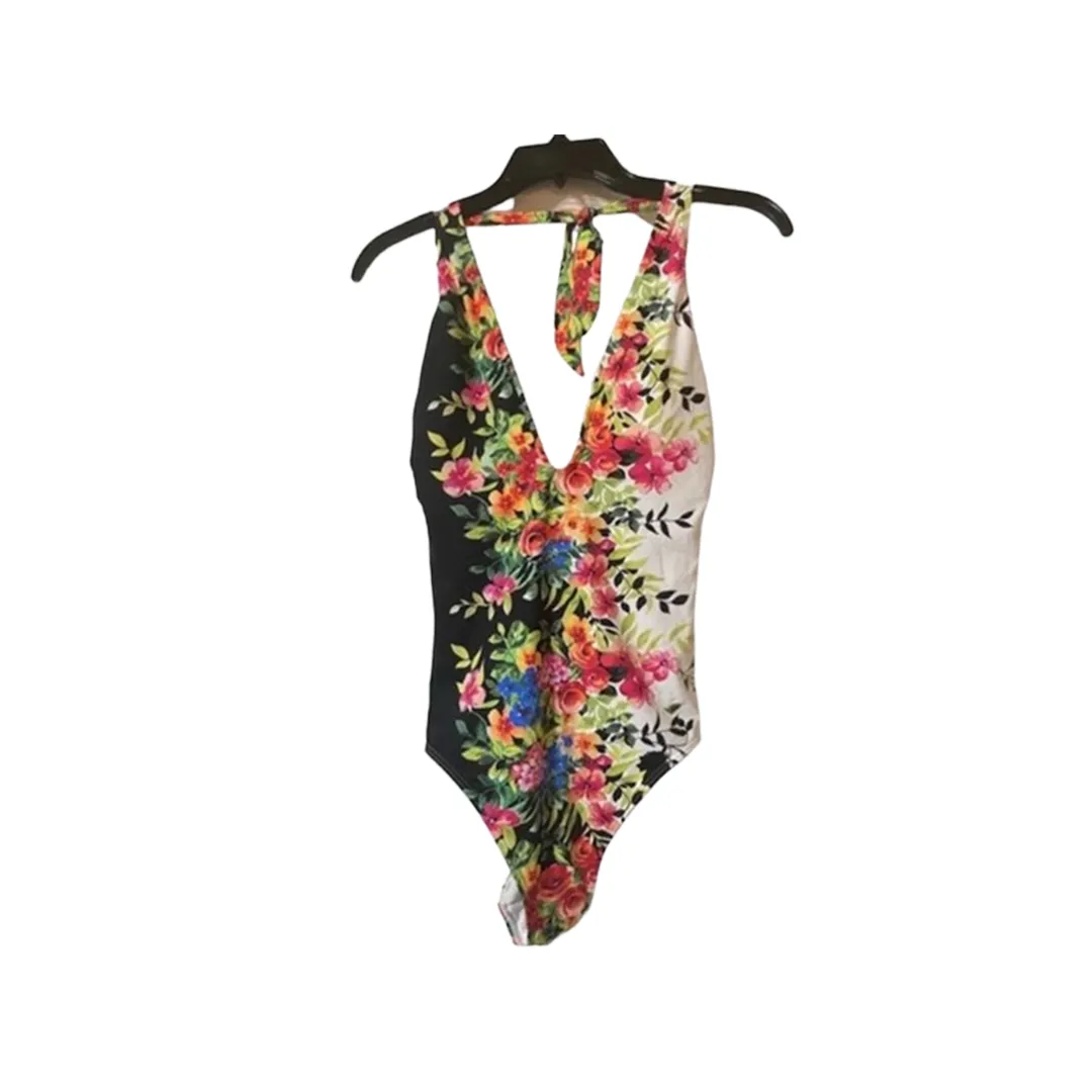 Johnny Was Spring Halter One Piece Black Floral Women Swim Suit Flower White New