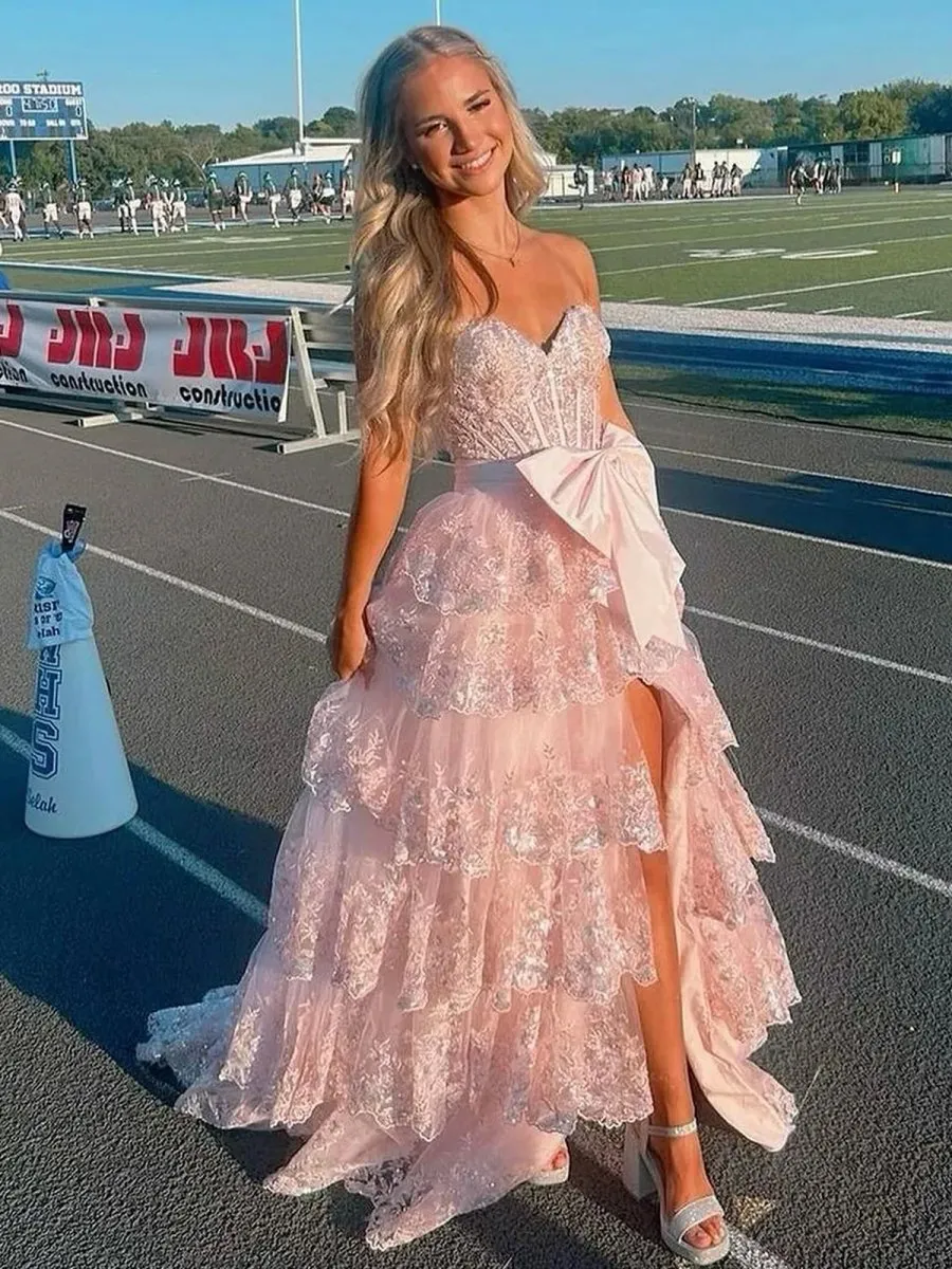 Jonjay | A-Line Sweetheart Sequin Ruffles Long Prom Dresses with Bow