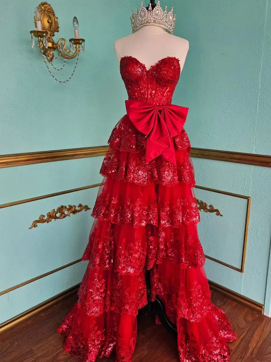 Jonjay | A-Line Sweetheart Sequin Ruffles Long Prom Dresses with Bow