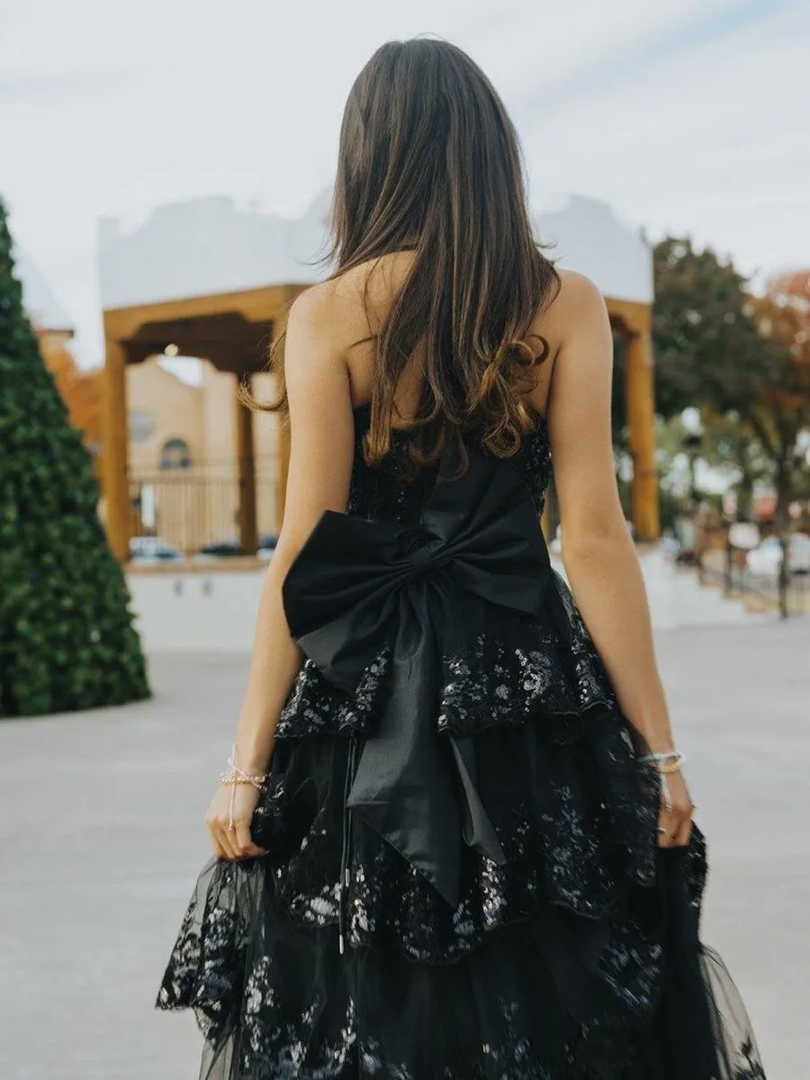 Jonjay | A-Line Sweetheart Sequin Ruffles Long Prom Dresses with Bow