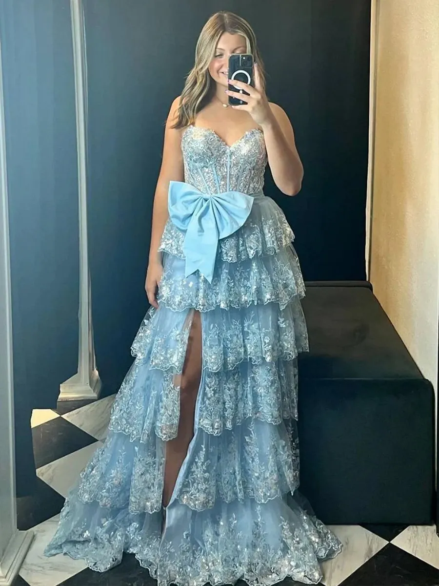 Jonjay | A-Line Sweetheart Sequin Ruffles Long Prom Dresses with Bow