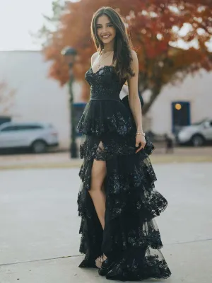 Jonjay | A-Line Sweetheart Sequin Ruffles Long Prom Dresses with Bow