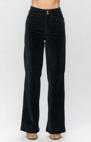 Judy Blue High Waist Corduroy Wide Leg Trousers in Emerald