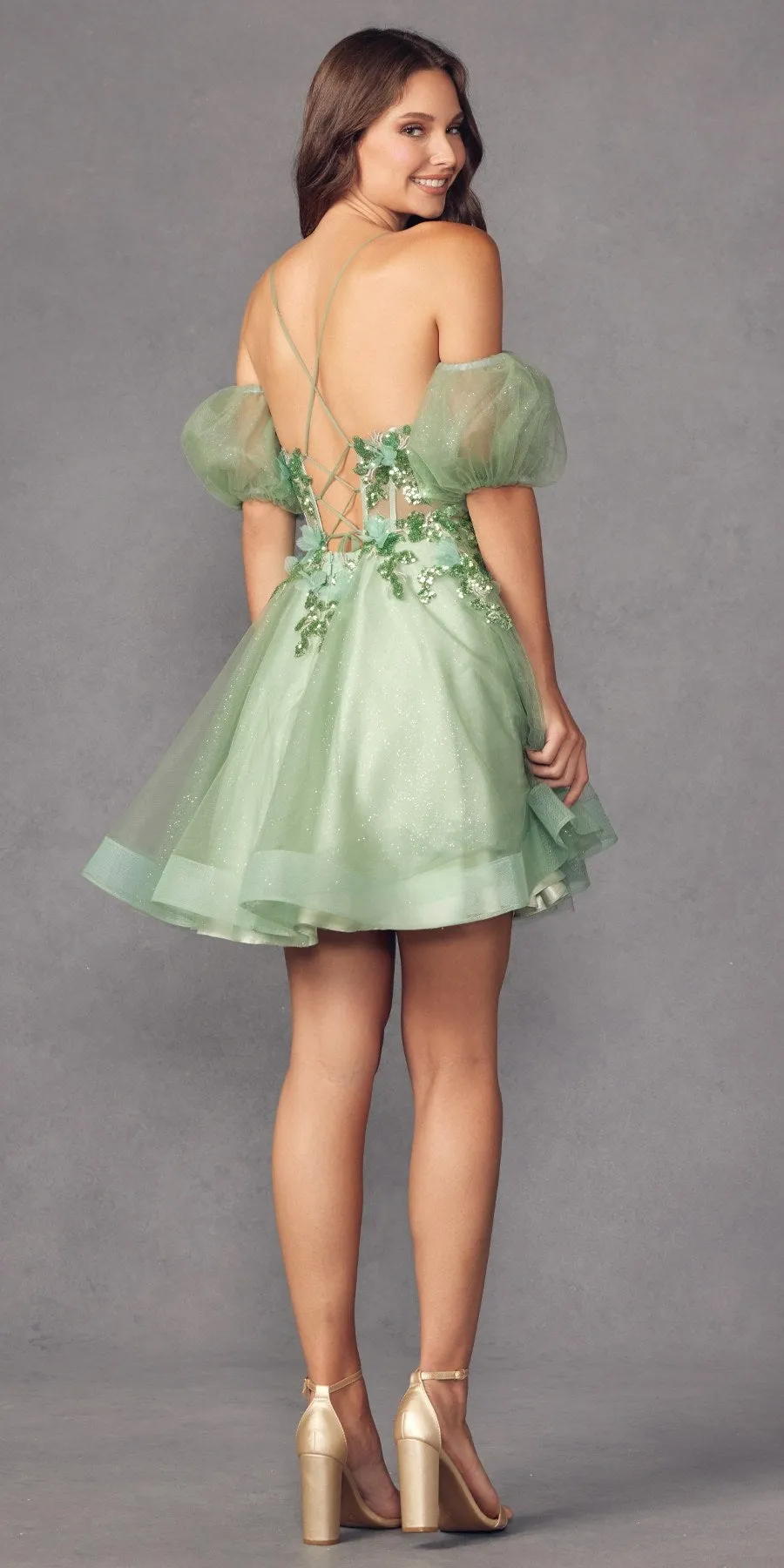 Juliet 901 Short Removable Puff Sleeves A-Line Glitter Tulle Dress
