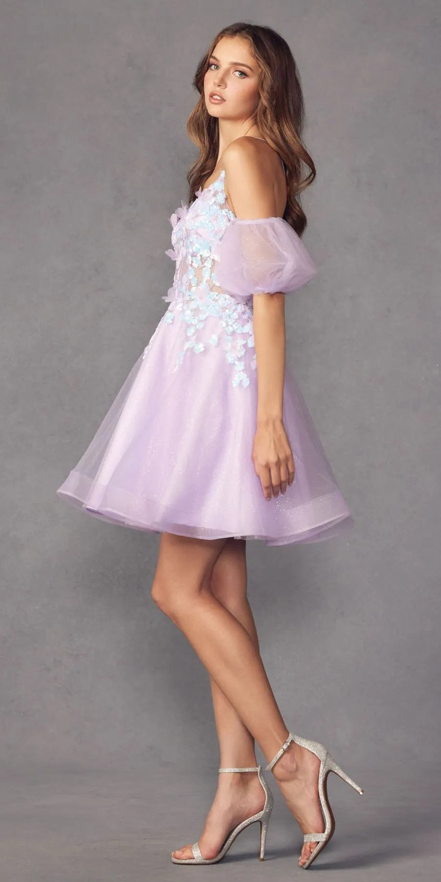 Juliet 901 Short Removable Puff Sleeves A-Line Glitter Tulle Dress