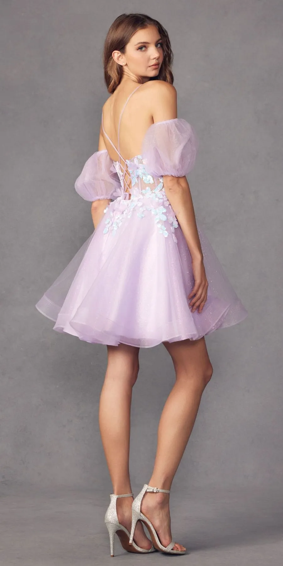 Juliet 901 Short Removable Puff Sleeves A-Line Glitter Tulle Dress