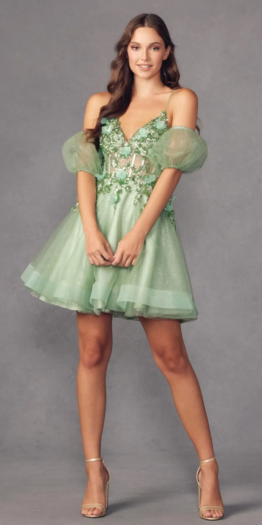 Juliet 901 Short Removable Puff Sleeves A-Line Glitter Tulle Dress